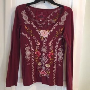 Johnny Was cranberry embroidered long sleeve top